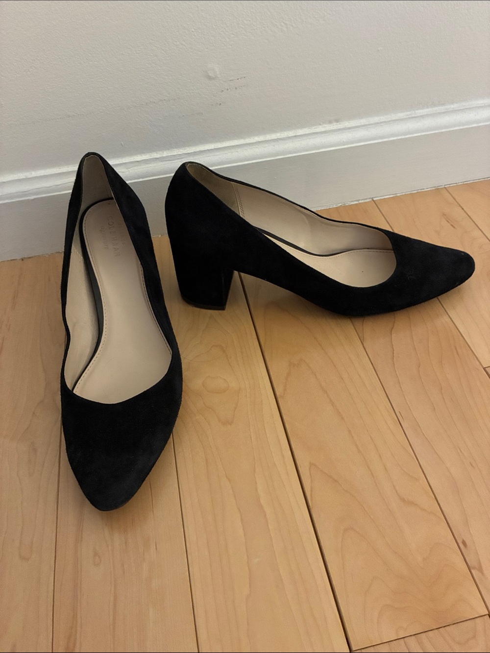 Black Suede Cole Haan Block Heel Pumps